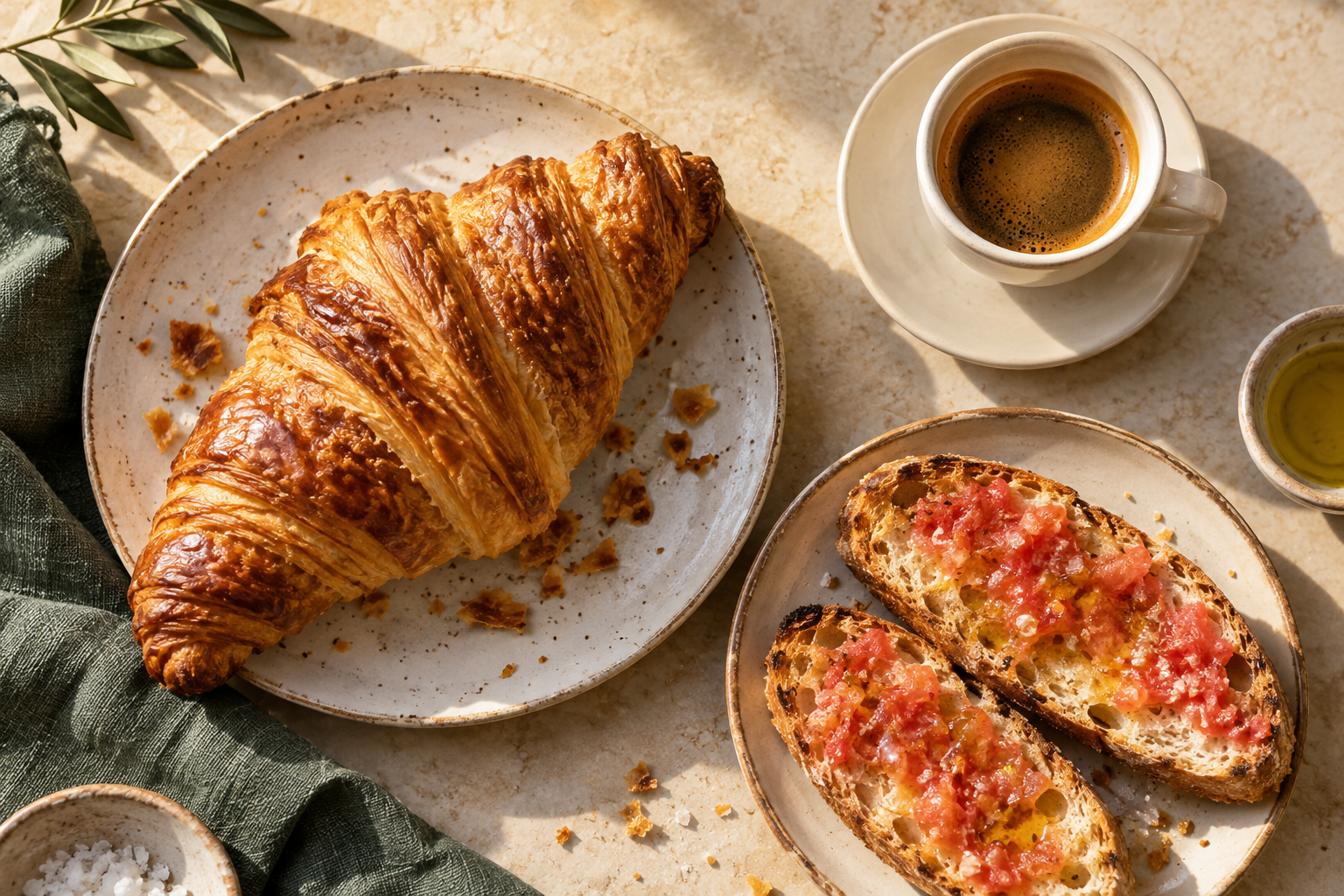Propuesta de desayuno con croissant, cafe y pan con tomate