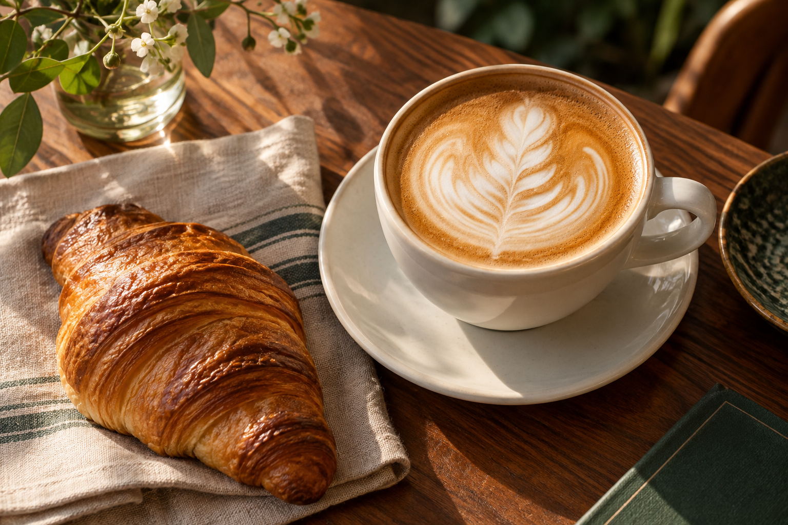 Cafe con leche y croissant en una mesa bañada por la luz de la mañana
